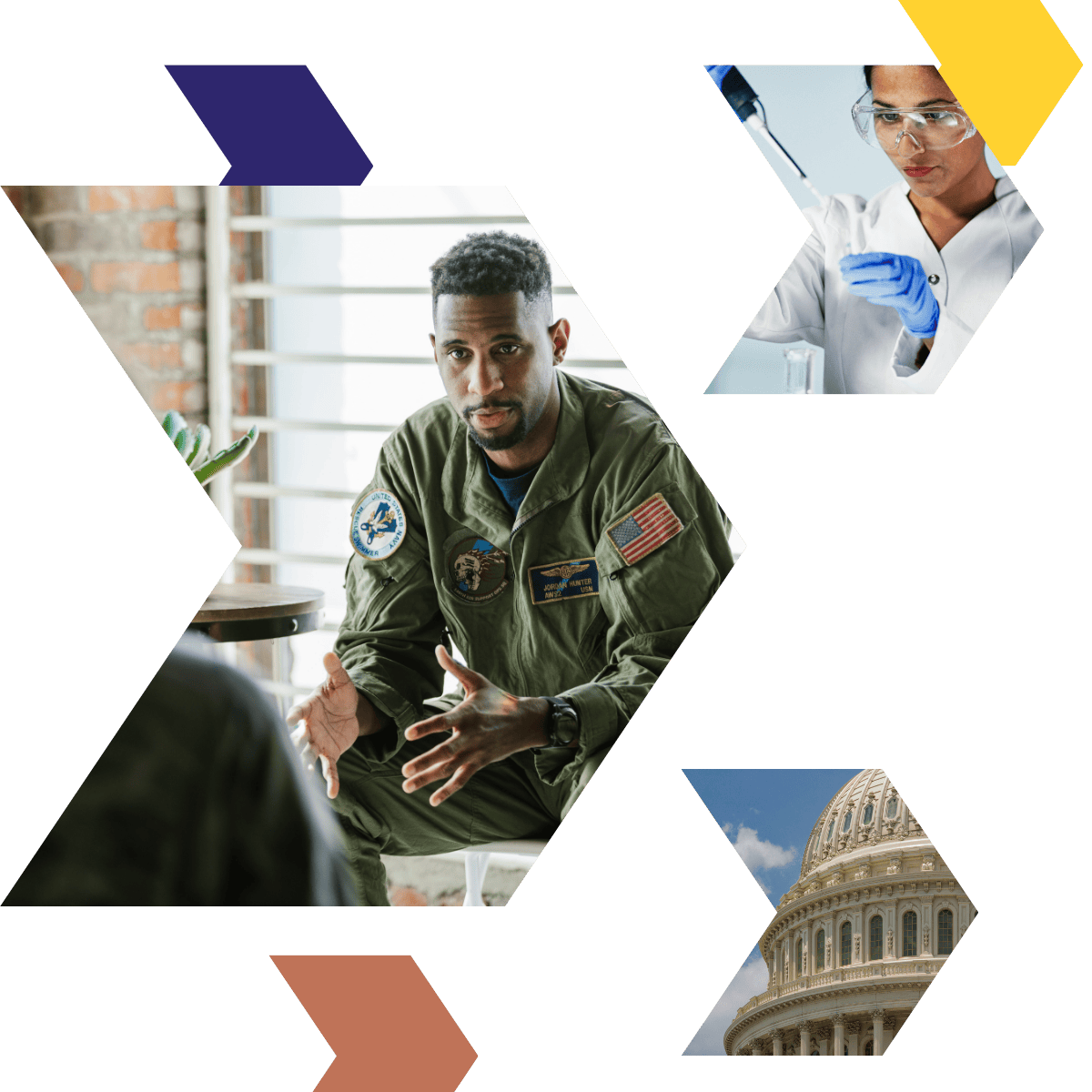 Connected team of federal consultants with overlapping chevron graphics representing integration and expertise